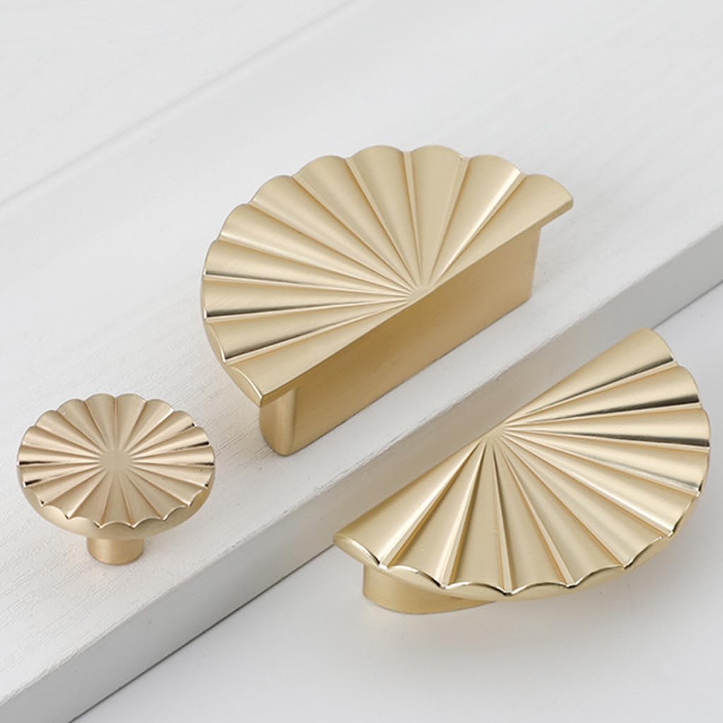 6 Pack Semicircle Sunflower Brushed Gold Cabinet Pulls,Brass Drawer Handles Knobs,Half Round Kitchen Cabinet Handles,Finger Edge Pulls Knobs with Screws (6, Brushed Gold, 2.5'' Hole Center)