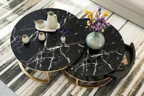 Image of Furniture Cafe Luxury Round Coffee Table with Marble White Finish Top & Gold Metal Frame | Modern Center Table for Living Room | Elegant Sofa Centre Table (Gold Finish)