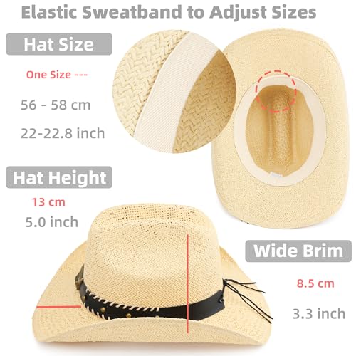 Image of Straw Cowboy Hat, Western Cowgirl Hat, Wide Brim Sun Beach Hat for Men and Women