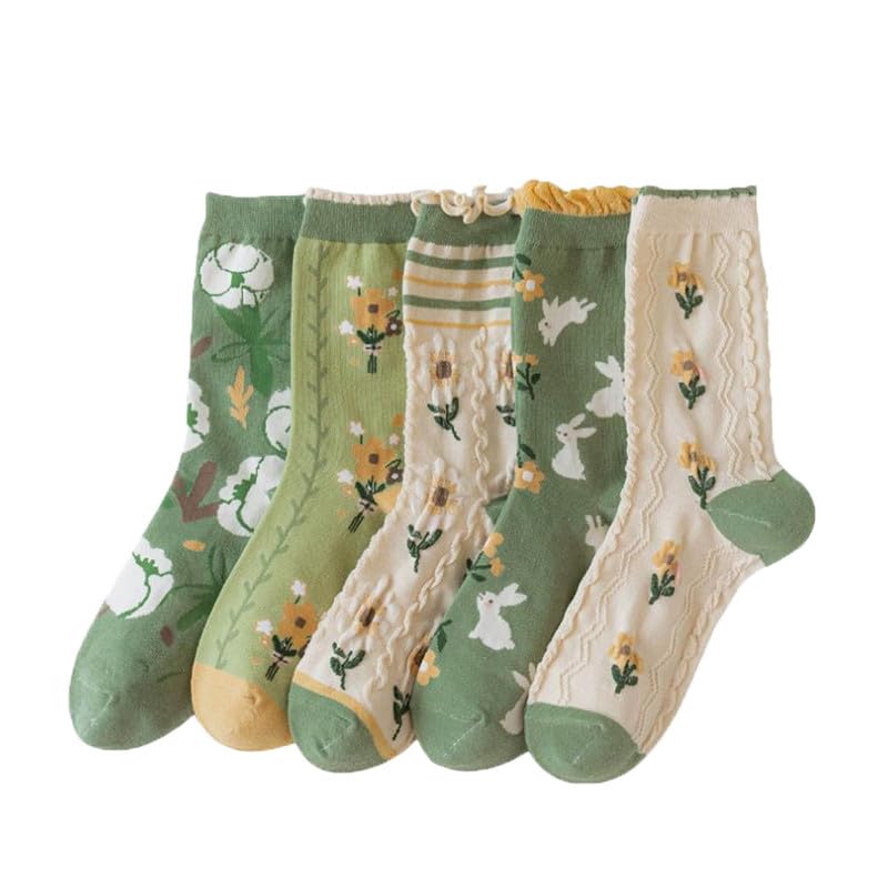 Alxad 5 Paar Bunte Socken Damen 35-38/39-42, Baumwolle Socken Vintage Bestickte Blumen Strümpfe Lange Weiche und Atmungsaktiv Sportsocken