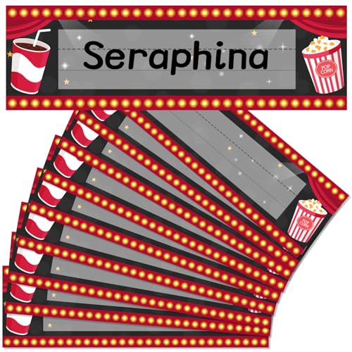 36Pcs Movie Night Popcorn Name Tags for Classroom,Back to School Student Classroom Name Plates,Waterproof Kindergarten Name Tags for Desk Movie Theme Party Decorations,10x3 Inch (Black)