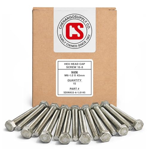 Chenango Supply M6-1.0 x 45mm Stainless Steel Hex Head Bolts – DIN 933, 18-8 Stainless, Fully Threaded Metric Coarse Hex Cap Screws, 15 Pieces (M6-1.0 x 45mm)