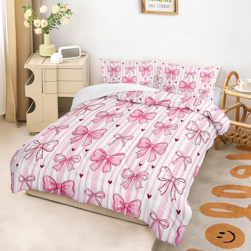 Image of AILONEN Pink Bow Comforter Twin 3 Piece Set Coquette Aesthetic Bedding Cute Ribbon Stripe Quilted Blanket Girls Dorm Decor Kawaii Soft Microfiber Duvet Alternative 2 Pillowcases