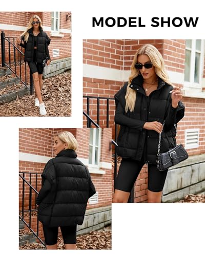 WHN Oversized Puffer Vest for Women Cap Sleeve Quilted Jacket Coat Zip Up Button Outerwear4