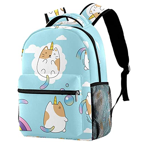 Sac à dos chat licorne bleu pour ranger les affaires d'école avec pochette bouteille