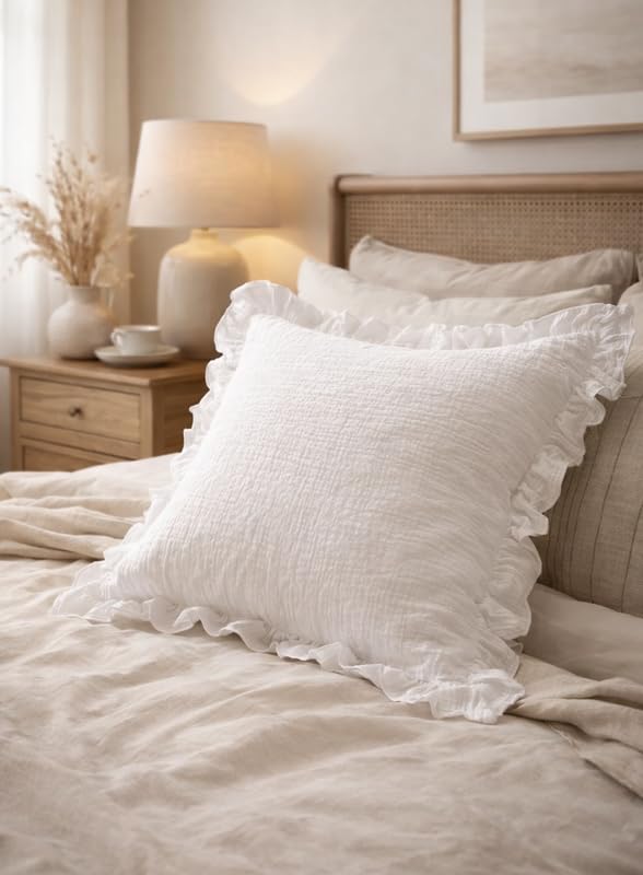 WWW.THROWPILLOW.IN White Smooth Cotton Ruffled Cushion Cover Solid Textured Minimalist Decorative Pillow for Sofa Bedroom Farmhouse Boho Home Décor Square Sofa Cushion 16x16 Inches-image-25
