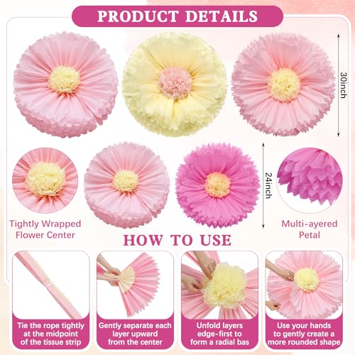 Image of Chunful 5 Pcs 30'' 24'' Pink Giant Tissue Paper Flowers for Wall Boho Large Hanging Tissue Crepe Flowers Paper Pom Poms Decor for Wedding Bridal Shower Baby Shower Tea Party Nursery Birthday Decor