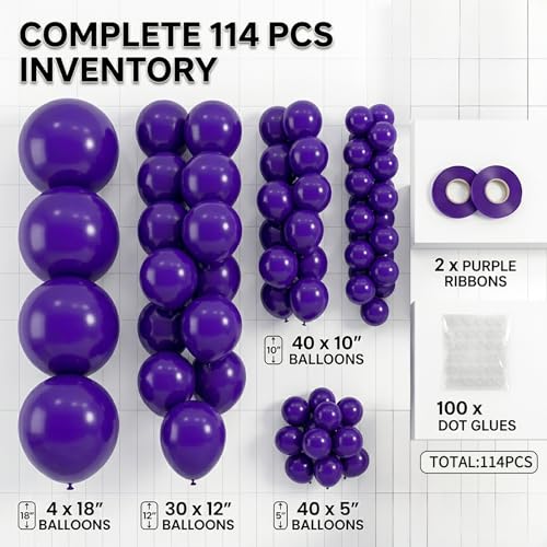 Image of 114pcs Dark Purple Balloons, 18 12 10 5 Inch Different Sizes Pack Purple Latex Balloon Garland Arch Kit for BOHO Birthday, Halloween, Wedding Party Decorations