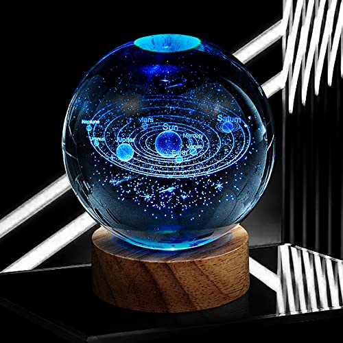 Image of 3D Solar System Crystal Ball Night Light with 16 Color LED Wooden Base, Upgraded 3.15 Inch Galaxy Planets Glass Ball Lamps with Remote for Birthday Christmas, Astronomy Space Gifts for Boys Girls