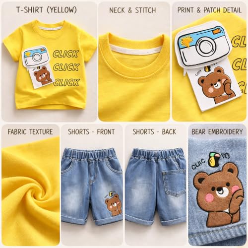 Image of Bold N Elegant Baby Boy Girl Camera Click T-Shirt with Denim Shorts Cotton Co-Ord Set Summer Outfit for Infant Toddler Kids Upto 5 Years