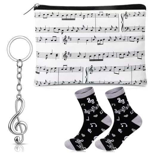Xuniea Set de Regalo Musical de 3 Piezas Bolsa de Cosméticos Divertida Calcetines Llavero con Notas Musicales Regalo de Cumpleaños y Navidad para Músicos, Amantes y Estudiantes de Música