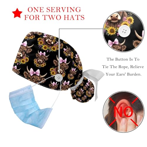 Image of 2 PCS Bouffant Cap with Button Ponytail Pouch Working Cap Sweatband Adjustable Surgical Cap Black and White Cow