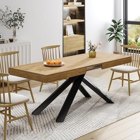 FURNJOYLIFE 63''-79'' Kitchen Large Extendable Dining Table for 4-8 People,Modern Farmhouse Expandable Dining Room Table with Metal Legs for Living Room,Natural Cover
