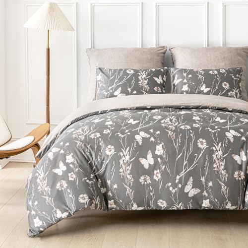 Image of Lekesky Grey Duvet Cover Set King Size, Reversible Vintage Print Comforter Cover King Size 3pc, Soft 100% Washed Microfiber Grey Bedding Sets with Zipper Ties and 2 Pillowcases