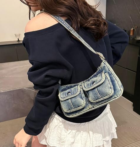Y2K Denim Purse for Women Vintage Shoulder Bag Small Top Handle Clutch Punk Underarm Handbag with Multiple Pockets 20254