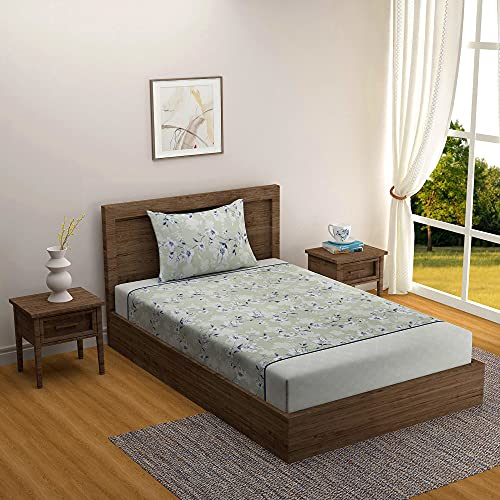 Image of Swayam Roto Cotton Single Bedsheet with 1 Pillow Cover | Size 60 x 90 inch | 144 TC | Floral Design | Soft Breathable Bed Sheet | Comfortable & Durable for Bedroom - Green