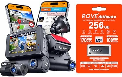 ROVE R3 3 Channel Dash Cam with 256GB Card, Front Rear and Cabin