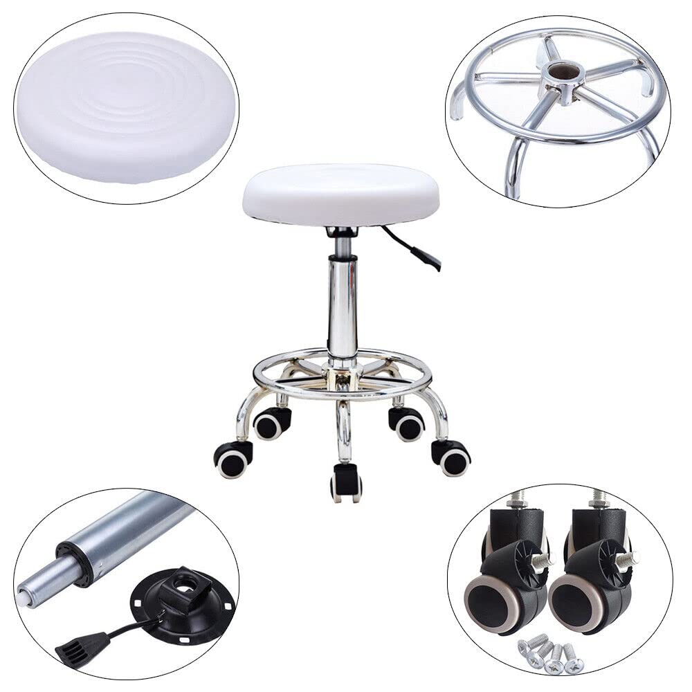 Sgabello girevole da lavoro, 33 cm, altezza regolabile, da barbiere, girevole a 360°, per ufficio, salone, massaggio, spa, ergonomia, girevole in altezza, colore: bianco, NGI7WDBKF-DKTD