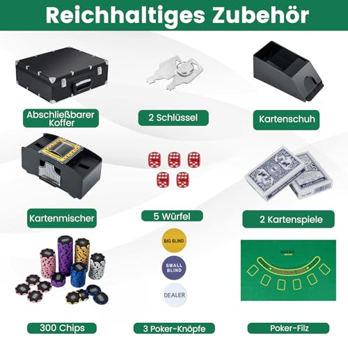 DREAMADE Pokerkoffer mit 300 Laser Poker Chips/ 2 Pokerkarten Set/Kartenmischer/Kartengeber/Spielmatte/ 5 Würfel/ 3 Dealer-Buttons, Poker Komplett Set Pokerset Profi Texas Hold'em (300 Chips) – Bild 3