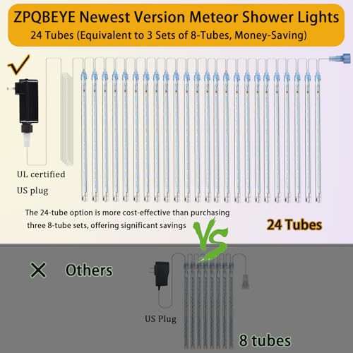 Zpqbeye ZPB-MTLM-24 Meteor Shower Lights Outdoor Christmas Lights 24-Tube 576Leds Snow Falling Rain Cascading Icicle Lights thumb #2