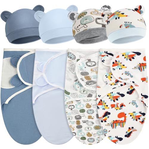 Image of Buryeah 4 Pack Preemie Swaddle Blanket Wrap Set with Hat for Baby Boys Girls 3-7 Lbs Preemie Newborn Clothes Sleepers Cap