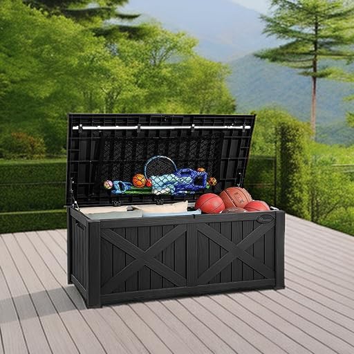 Condition photo showing New/Like New for yitahome 150 gallon large deck box with x-shaped front, resin outdoor storage boxes, waterproof cushion storage bench for patio, pool supplies, garden tools - lockable, black