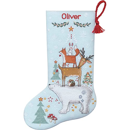 Image of Dimensions 70-09601 Woodland Stack Counted Cross Stitch Christmas Stocking Kit, 16 inch Long, 14 Count Light Blue Aida, 6pcs