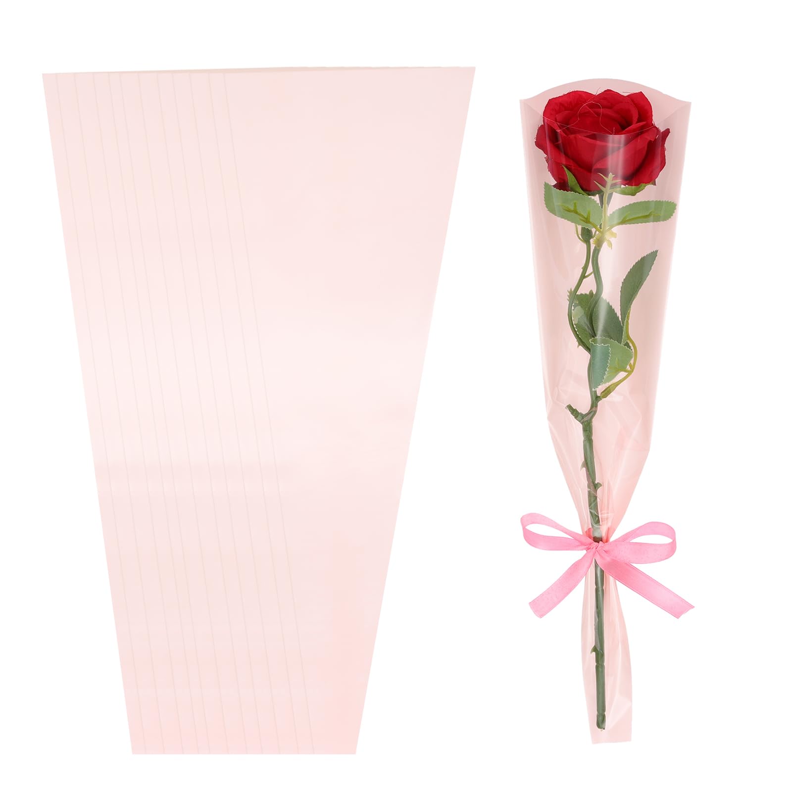 PATIKIL 200 Pack Flower Wrapping Bag, Dark Pink Floral Packing Sleeves with Ribbons Cute for Bouquets Wedding Birthday Graduation Anniversary Arrangement Gift, 17.7"x4.7"x1.2"
