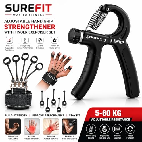Image of SUREFIT Adjustable Hand Grip Strengthener with Finger Exerciser Combo, Forearm, Wrist & Grip Trainer for Home Gym Workout Equipment for Men & Women (Adjustable- 5-60 Kg)