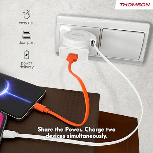 Chargeur rapide 22,5W Thomson Go avec câble rétractable USB-C et USB-A blanc compact - 7