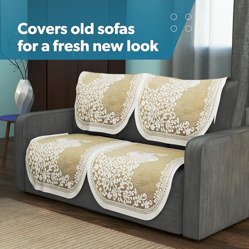 Image of Kuber Industries (Set of 6) Stylish & Durable Cotton Sofa Covers 2+1 Seater | Washable Sofa Protector /Mat & Slipcover for Living Room & Office | Peocock Design - Cream