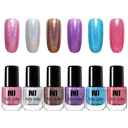 NEE JOLIE 6 Bottles Nail Polish Set Holographic Nail Varnish Kit Glitter Shimmered Laser Nail Art Polish Lacquer