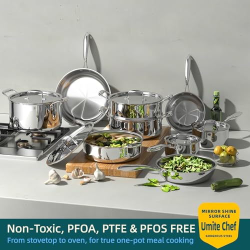 Image of Umite Chef Stainless Steel Cookware Set, 5 Ply 14 Piece Stainless Steel Pot and Pan Set-Induction, Heavy Chef Quality, Oven Safe | Professional Kitchen Cooking Appliances, PFOA, PTFE & PFOS Free