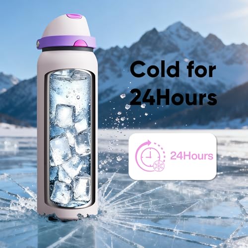 Image of Insulated Water Bottle with Straw - Encool Stainless Steel Water Bottle with Push Button Lid, Leak-Proof & BPA-Free, Keeps Cold for 24 Hours for Sports, Travel, Gym (40 oz, Oyster Pink)