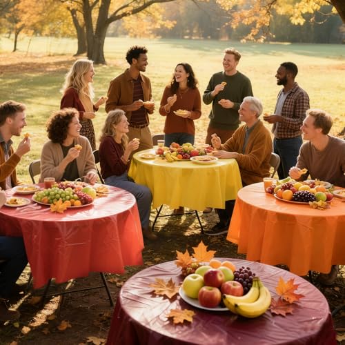 Image of CIEOVO 12 Pack Fall Plastic Tablecloth, Autumn Color Disposable Waterproof Round Tablecloth for Fall in Love Wedding Thanksgiving Harvest Family Birthday Baby Shower Party Decoration