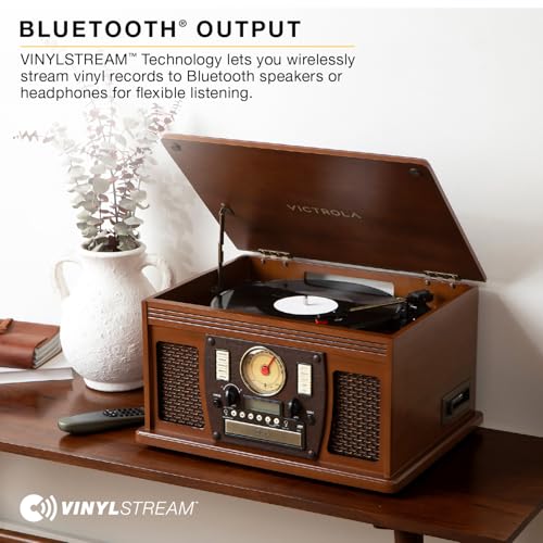 Image of Victrola Navigator - 8-in-1 Bluetooth Record Player - Walnut | Real wood cabinet plays vinyl, CD, cassette, FM radio, USB and aux, built-in speakers, remote control included
