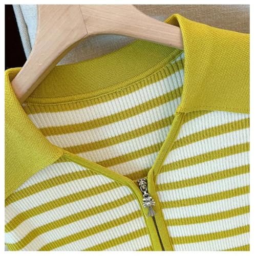 Women’S Striped Turn-Down Collar Short Sleeve Zipper Closure Slim Fit Short Casual Knitwear Cardigan Sweater Top2