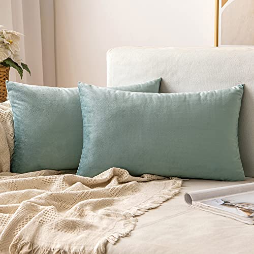 Image of MIULEE Pack of 2 Velvet Soft Solid Decorative Square Throw Pillow Covers Set Cushion Case for Sofa Bedroom Couch 12x20 Inch Blue Grey