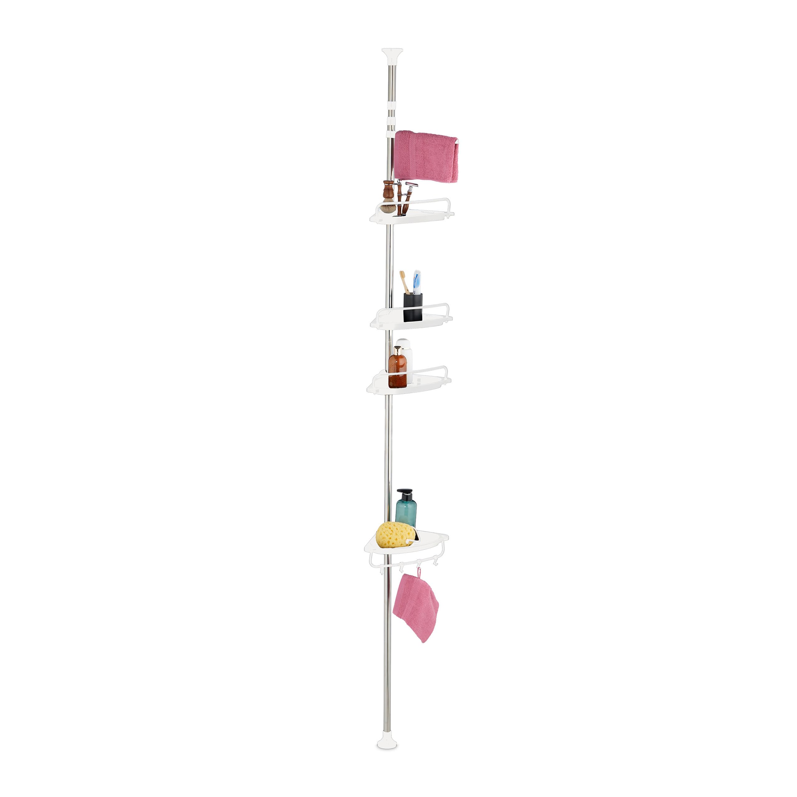 Étagère de douche 4 étages avec porte-serviette télescopique blanc et argenté pour cabine