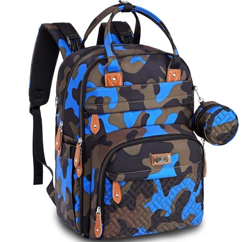 Image of BabbleRoo Diaper Bag Backpack - Baby Essentials Travel Tote, Unisex, Blue Camo