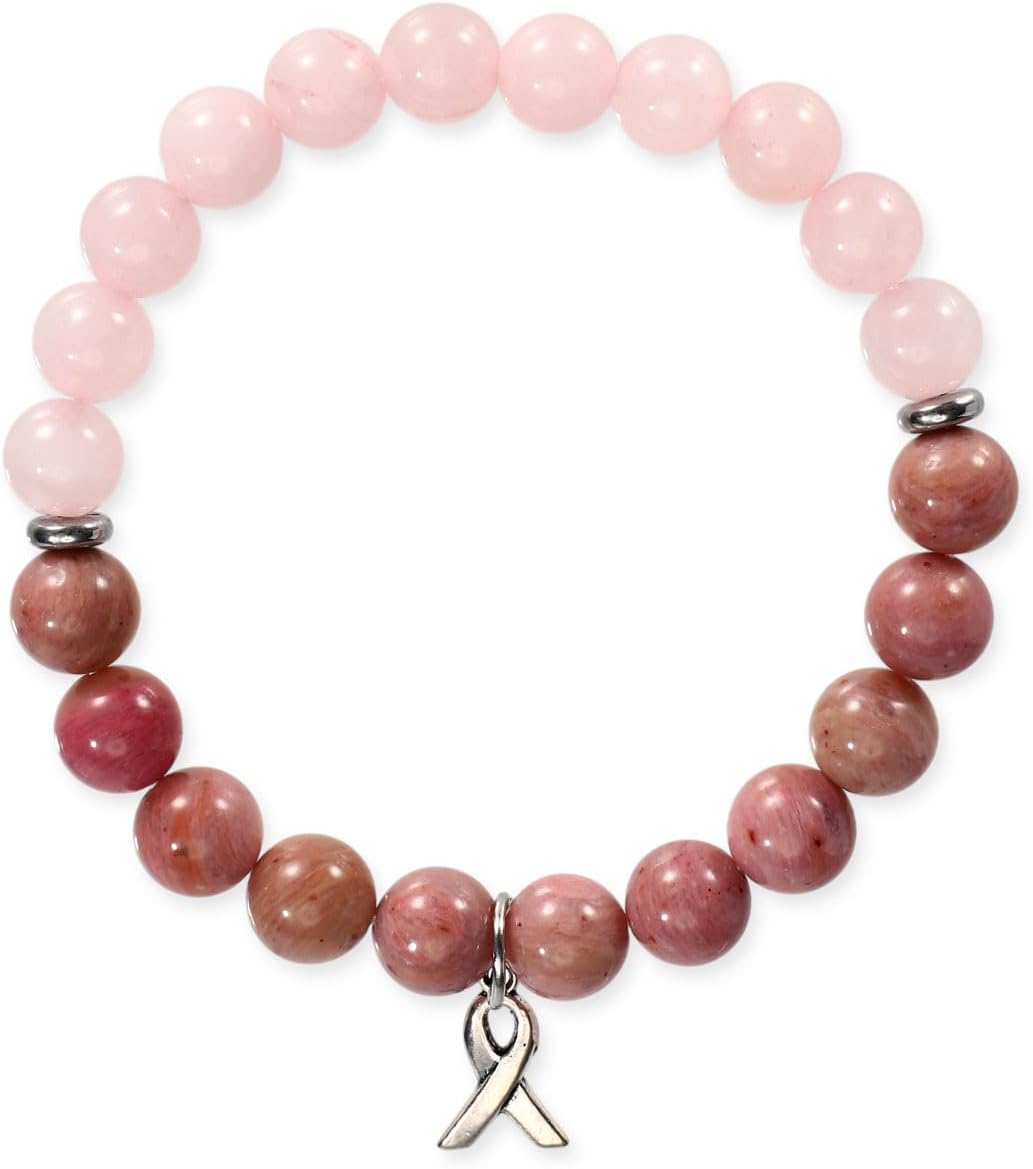 Breast Awareness Bracelet, Ribbon Charm Beaded Bracelets Natural Stone Crystal Self Care Inspirational Bracelets Encouragement Gifts for Woman Stress Anxiety Relieving Accessories