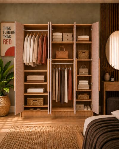 Image of Bniture 5 Door Wardrobe for Bedroom with Lockable Door & Hanging Space | Almirah for Clothes with Rattan Laminate Finish | Wardrobe for Storage | 3 Years Warranty (Giant Wood)
