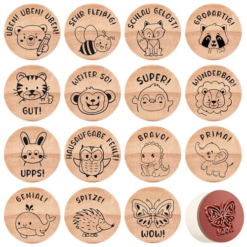 Faccito 15 Stück Holz Lehrer Stempel Tiere Motivstempel Set Belohnung Gummi Lob Stempel Geschenk Deko für Rückmeldung Erzieher Lehrer Lehrertag