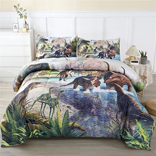 WINLIFE Dinosaur Comforter Set Queen Kids Dinosaur Bedding Set Jurassic Jungle Dino Comforter Sets for Boys Teens Lightweight Easy Care Bed Linen Set (3 Pieces Queen)