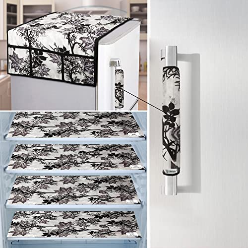 Image of Exclusive Combo Set of Appliances Cover (1 Pc. of Fridge Top Cover, 1 Pc. of Refrigerator Handle Cover and 4 Pc. Of Refrigerator Mat /Fridge Shelf Mat) (Color- Black, Design-Floral, Set Contains- 6 Pcs)
