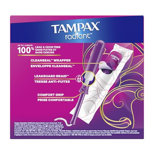 Tampax Radiant Tampons for Women Multipack, with LeakGuard Braid, Regular/Super Absorbency, Unscented, 28 Count, Packaging May Vary