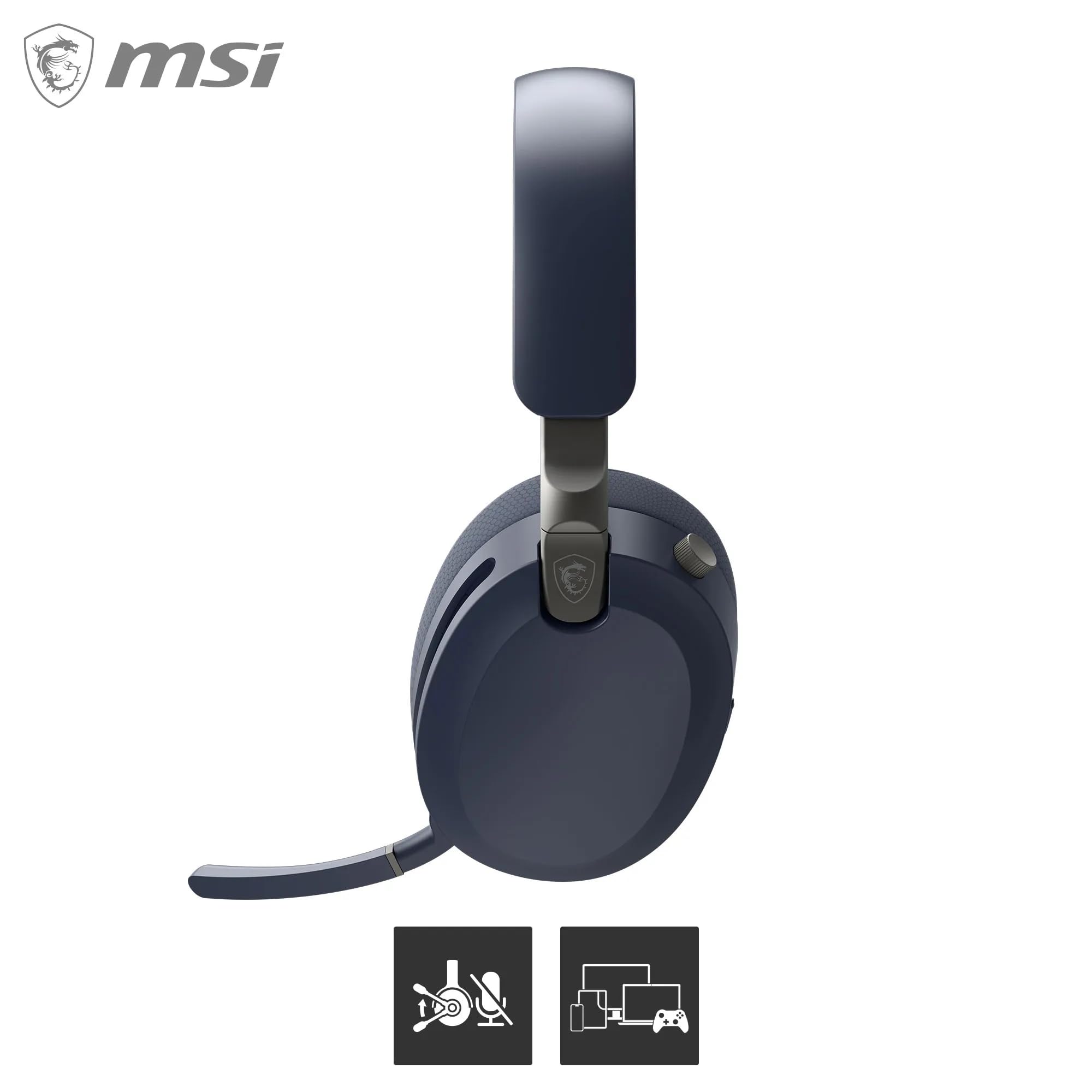 MSI Maestro 500 Wireless Auriculares Gaming Inalámbricos Azul Marino (Bluetooth 5.4, 2.4GHz USB-C, Cancelación de Ruido Activa ANC, Batería hasta 90h, Micrófono con Cancelación ENC, Audio Nahimic 3D)