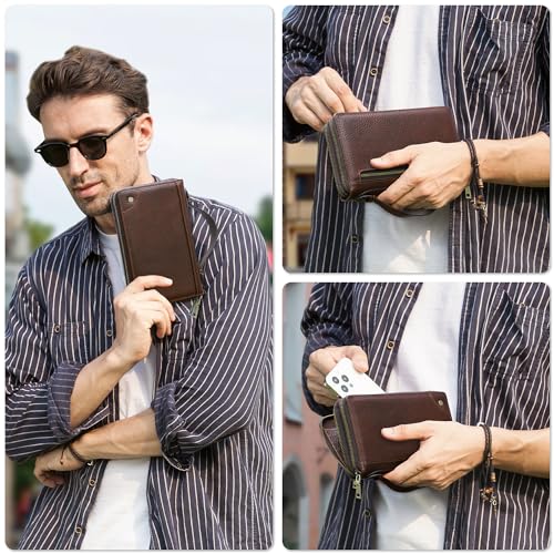 Image of Top Grain Genuine Leather Zipper Clutch Wallet for Man & Woman, Handmade Vintage Design, Multi Slots & Side Pocket & Strap, RFID Large Capacity for Cards /Checks /Passports /Phone /Pen /AirTag, Red Coffee