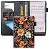 JNFBWULO Slim Server Book for Waitress & Waiter, 8" x 5" PU Leather Restaurant Organizer Wallet with Zipper Pocket for Coins & Guest Check, Multiple Patterns - Vintage Bloom