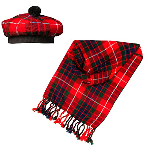Scottish Traditional Set of Tam o' Shanter Flat Bonnet, Acrylic Wool Kilt Hat and Scarf in Many Tartans